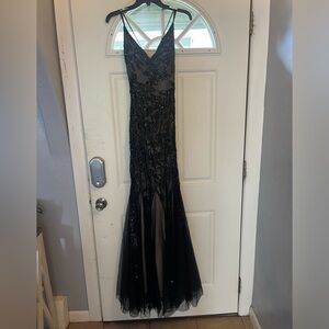 Lace up black and nude sequin prom dress